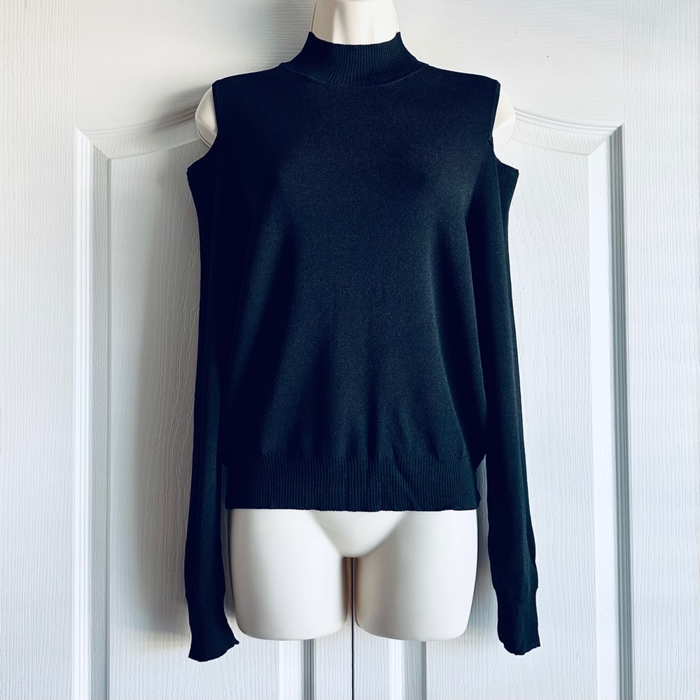 Nordstrom 360 Sweater Mock Neck Cold Shoulder Sleeve Rib Knit Italian Yarn - Picture 2 of 8